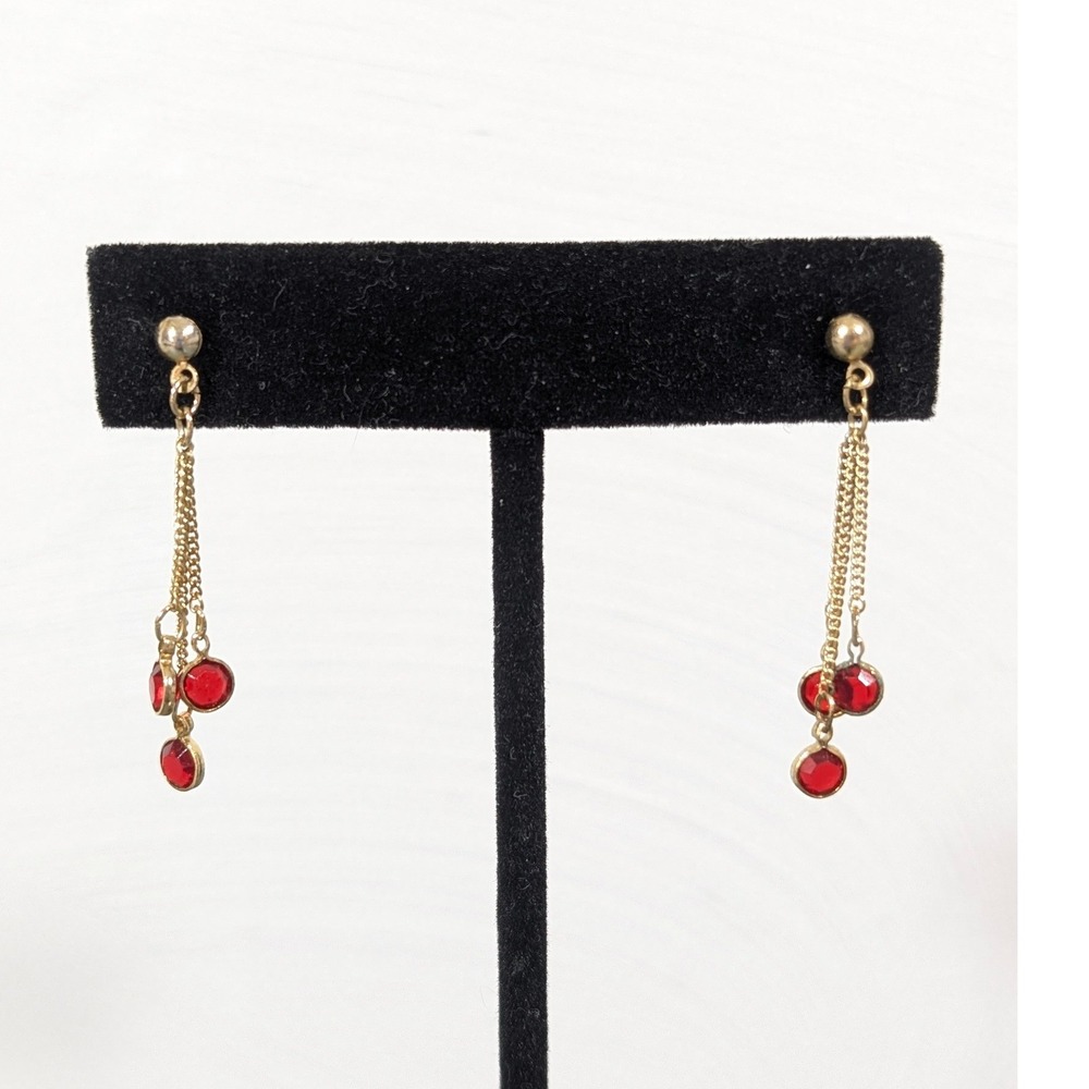 Vintage Red Glass Bezel Dangle Earrings Gold Tone Pierced